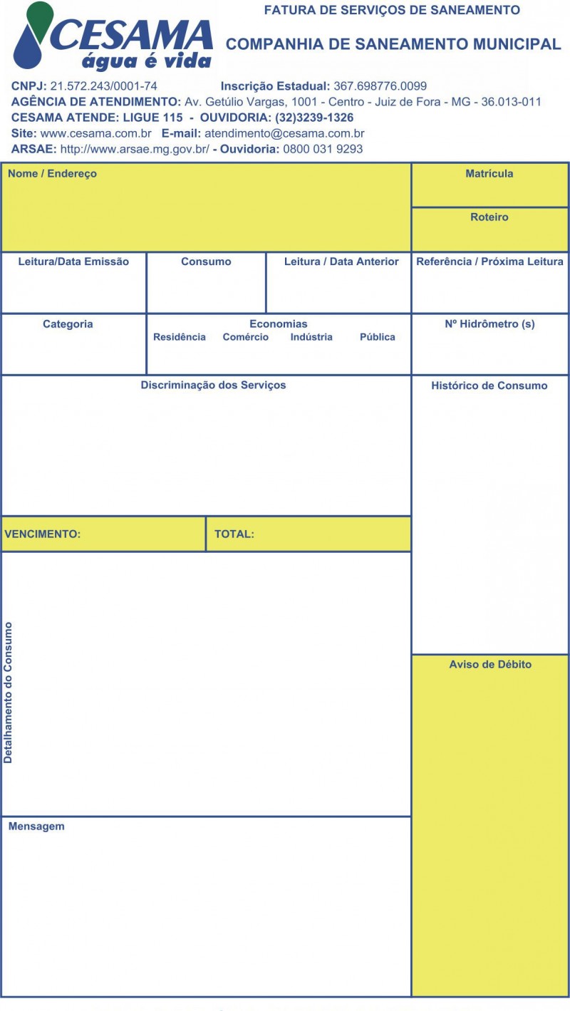 Mudança de procedimento - Aviso de débito será impresso na própria conta de água da Cesama